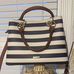 Aldo Striped Navy and Cream Women's Satchel Handbag - Brown Trim